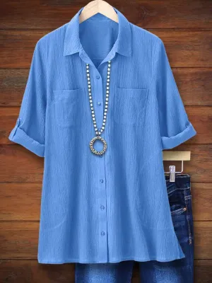 Solid Color Patch Pocket Versatile Blouse