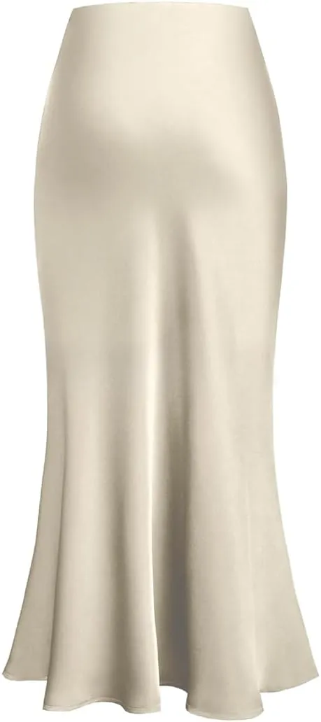 Sorrica Womens Elegant Satin Skirt High Waisted Cocktail Party Wedding Mermaid Hem Satin Maxi Skirts