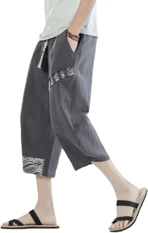 Street Style Loose Men' Harem Pants Ocean Waves Auspicious Clouds Print Trend Seven-Point Wide-Leg Youth