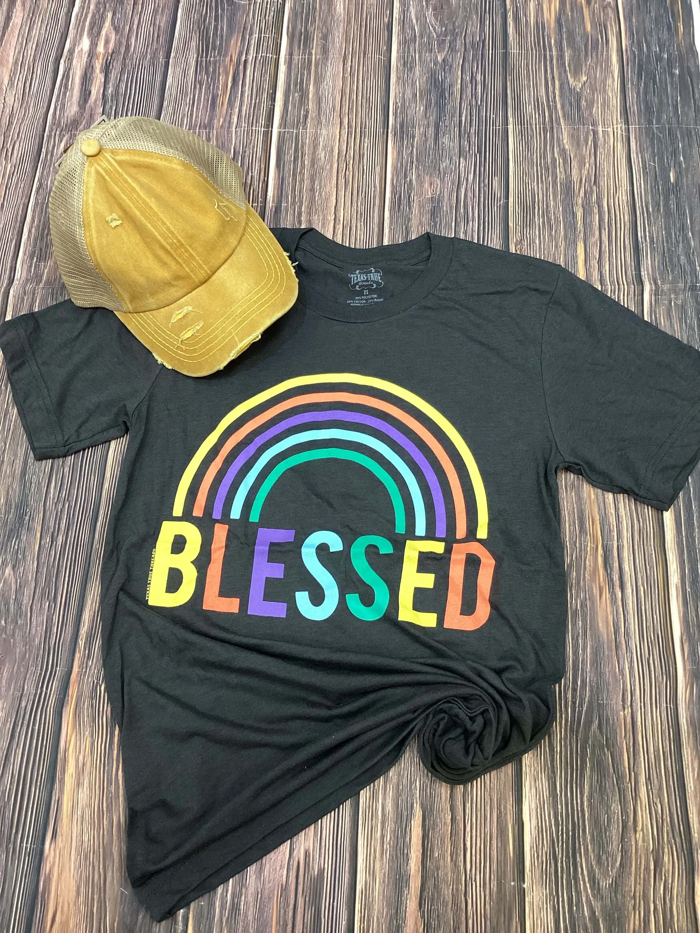 Texas True Threads "Blessed" Rainbow Tee, Charcoal