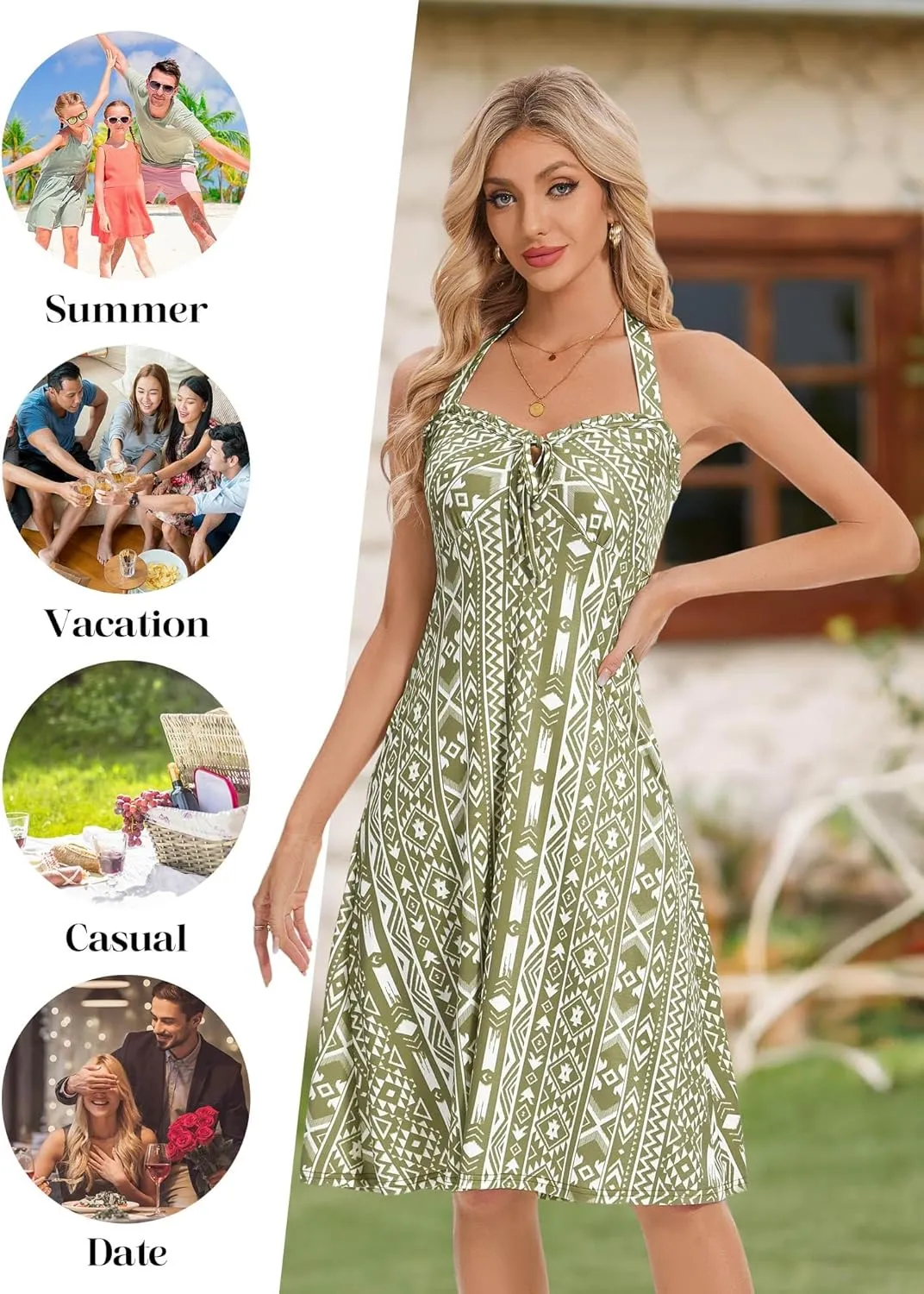 TORARY Halter Neck Backless Summer Vacation Beach Dress Sleeveless Off Shoulder Tie Front Aline Midi Dress with Pockets 2025