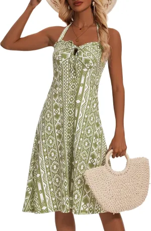 TORARY Halter Neck Backless Summer Vacation Beach Dress Sleeveless Off Shoulder Tie Front Aline Midi Dress with Pockets 2025