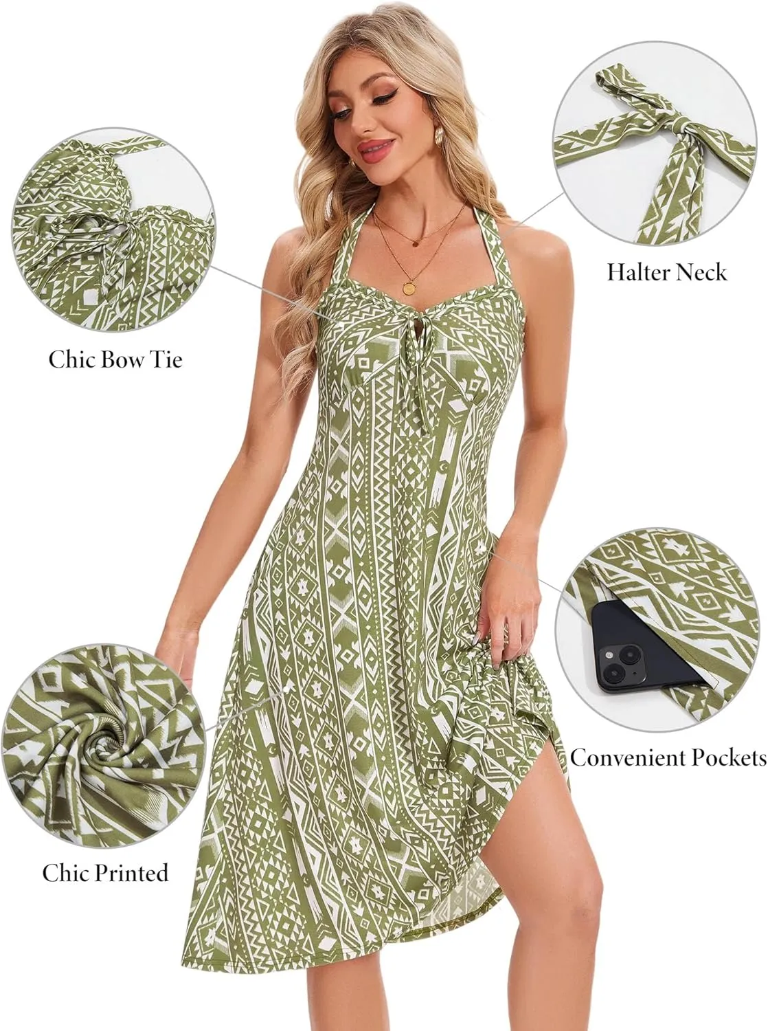 TORARY Halter Neck Backless Summer Vacation Beach Dress Sleeveless Off Shoulder Tie Front Aline Midi Dress with Pockets 2025