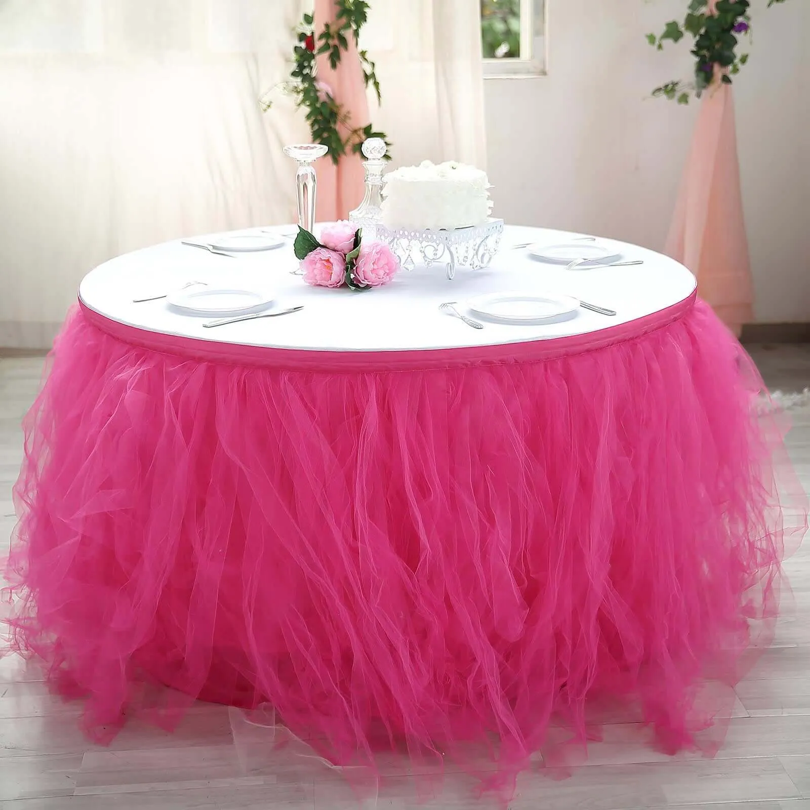 Tulle Table Skirt 14ft Fuchsia - 4 Layer Pleated Tutu Table Cover