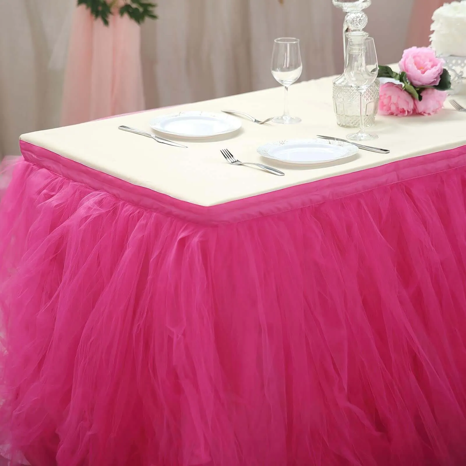 Tulle Table Skirt 14ft Fuchsia - 4 Layer Pleated Tutu Table Cover