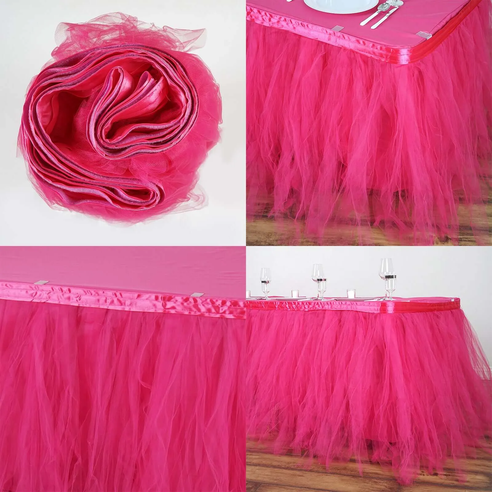Tulle Table Skirt 14ft Fuchsia - 4 Layer Pleated Tutu Table Cover
