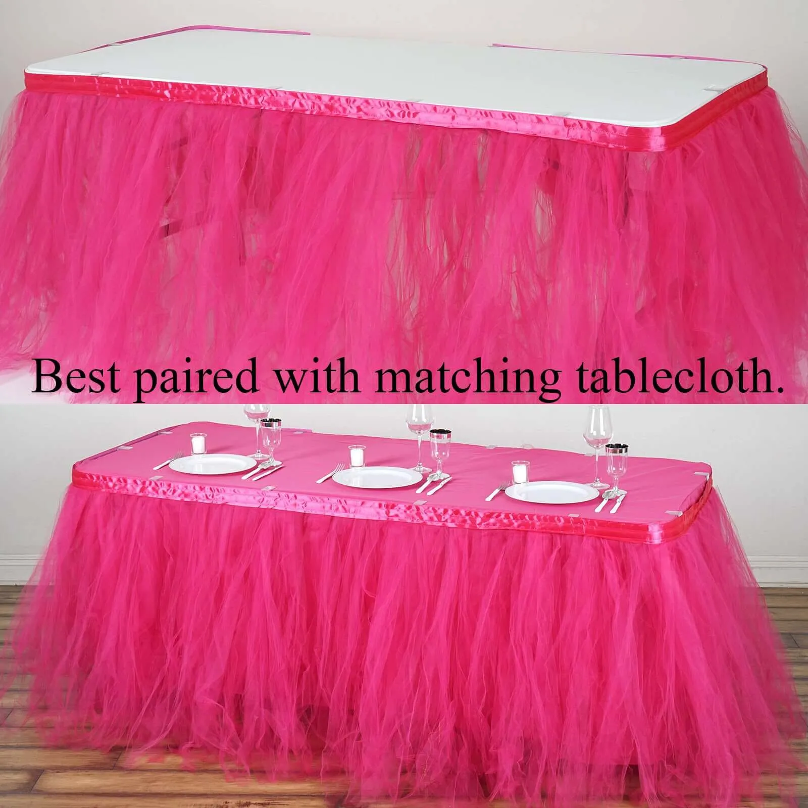 Tulle Table Skirt 14ft Fuchsia - 4 Layer Pleated Tutu Table Cover