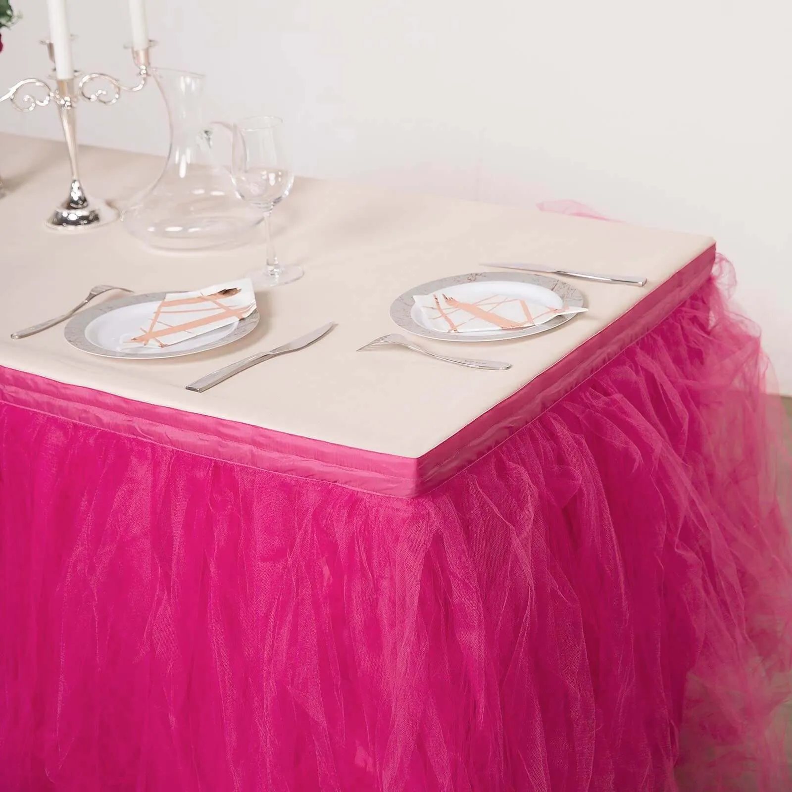 Tulle Table Skirt 14ft Fuchsia - 4 Layer Pleated Tutu Table Cover
