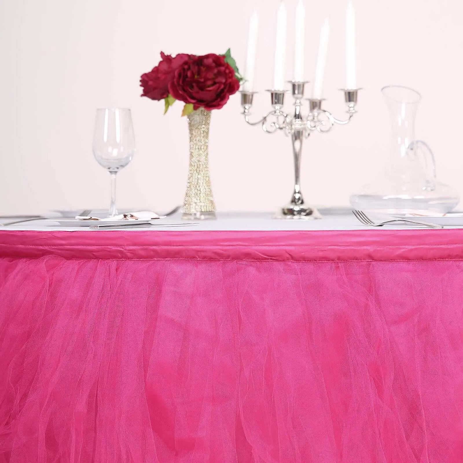 Tulle Table Skirt 14ft Fuchsia - 4 Layer Pleated Tutu Table Cover