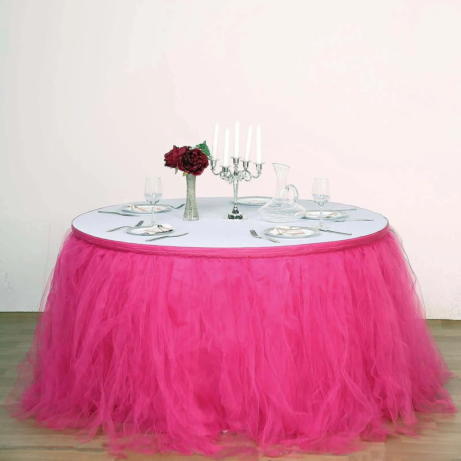 Tulle Table Skirt 14ft Fuchsia - 4 Layer Pleated Tutu Table Cover