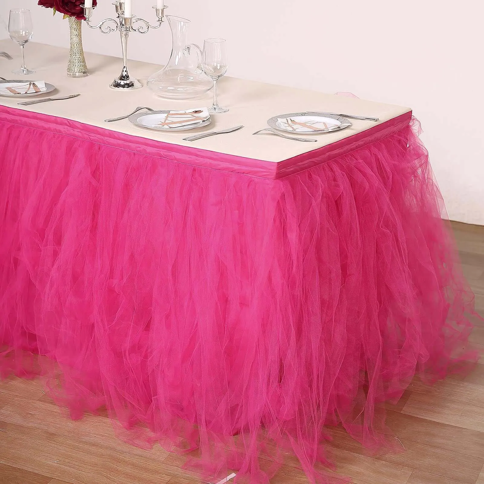 Tulle Table Skirt 14ft Fuchsia - 4 Layer Pleated Tutu Table Cover