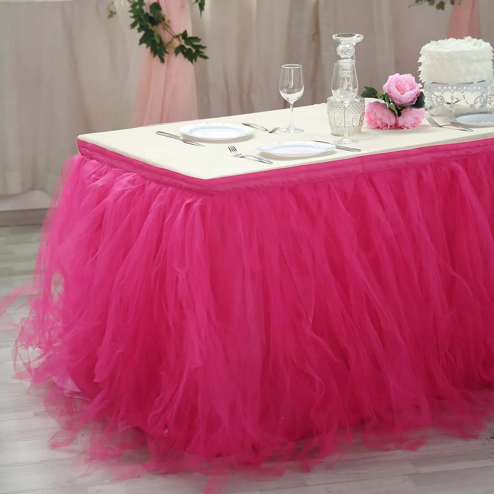 Tulle Table Skirt 14ft Fuchsia - 4 Layer Pleated Tutu Table Cover