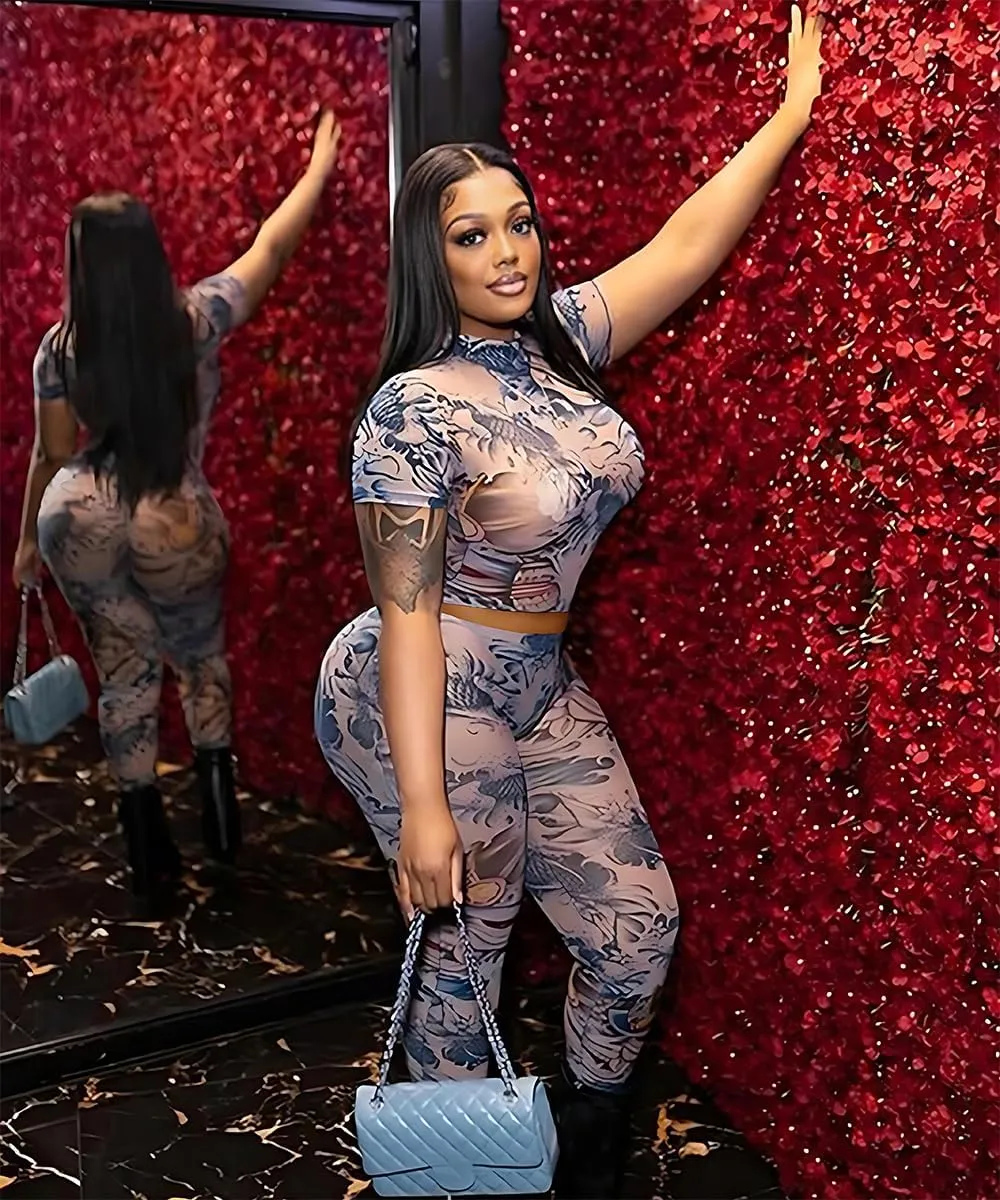 Two Piece Sets For Women Sexy Mesh Print See Through Going Out Birthday Club Outfits Bodycon Summer Pant Set