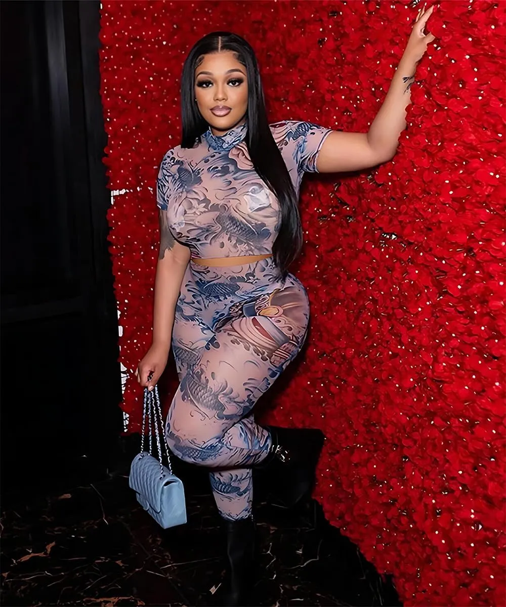 Two Piece Sets For Women Sexy Mesh Print See Through Going Out Birthday Club Outfits Bodycon Summer Pant Set