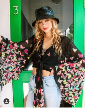 Versatile Black and Multicolor Butterfly Chiffon Wrap Top