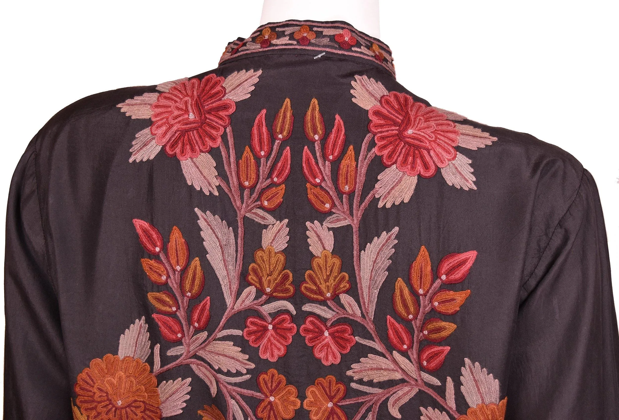 Vesta Black Silk Dinner Jacket Evening Dress Coat Floral Hand Embroidered Kashmir