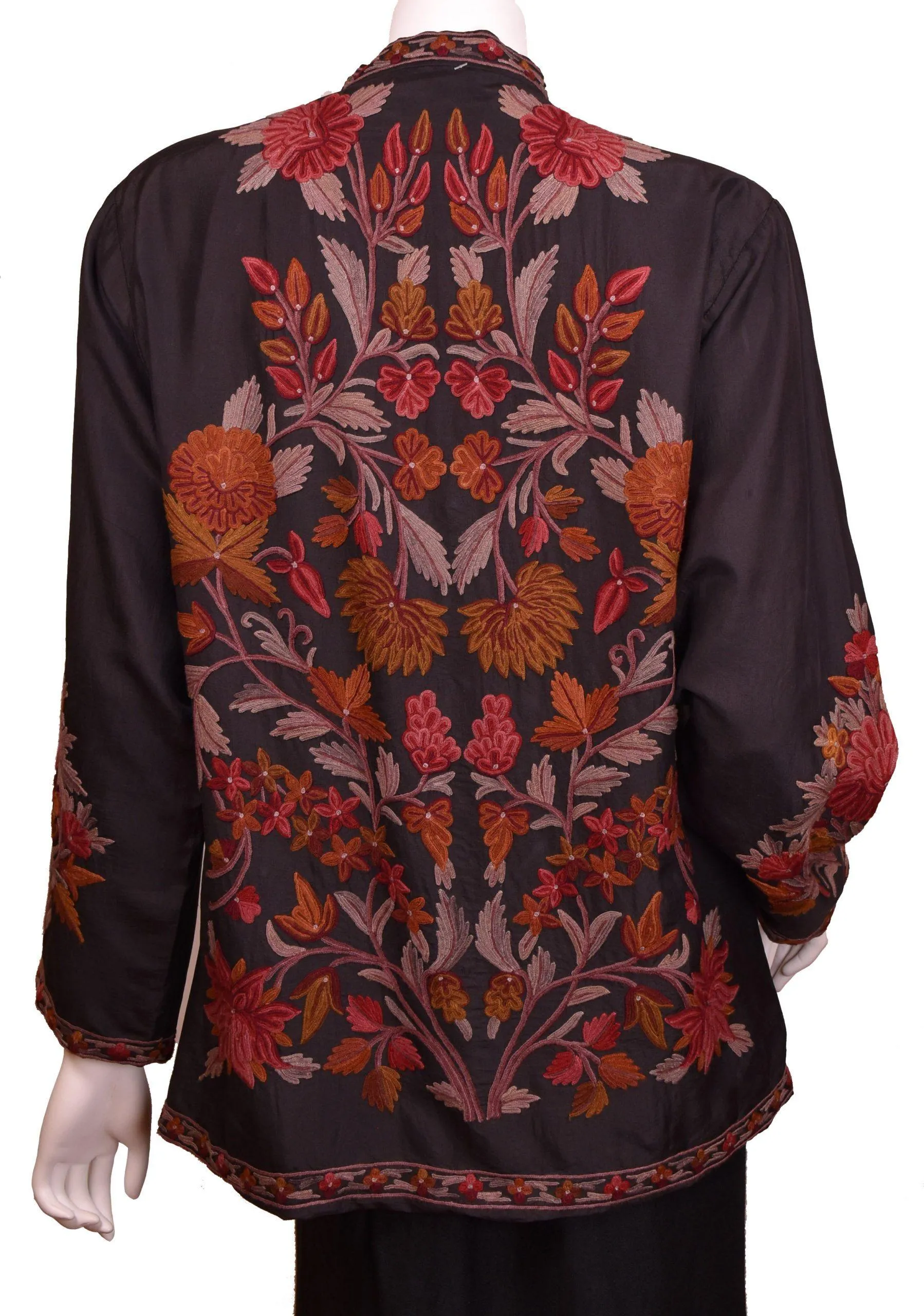 Vesta Black Silk Dinner Jacket Evening Dress Coat Floral Hand Embroidered Kashmir