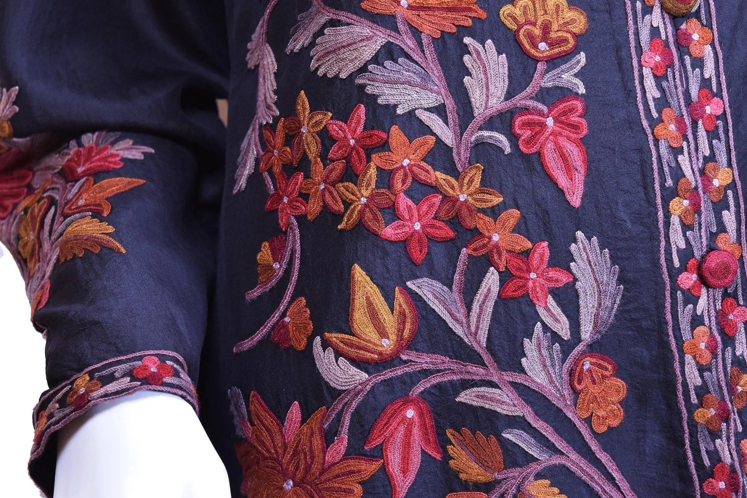 Vesta Black Silk Dinner Jacket Evening Dress Coat Floral Hand Embroidered Kashmir
