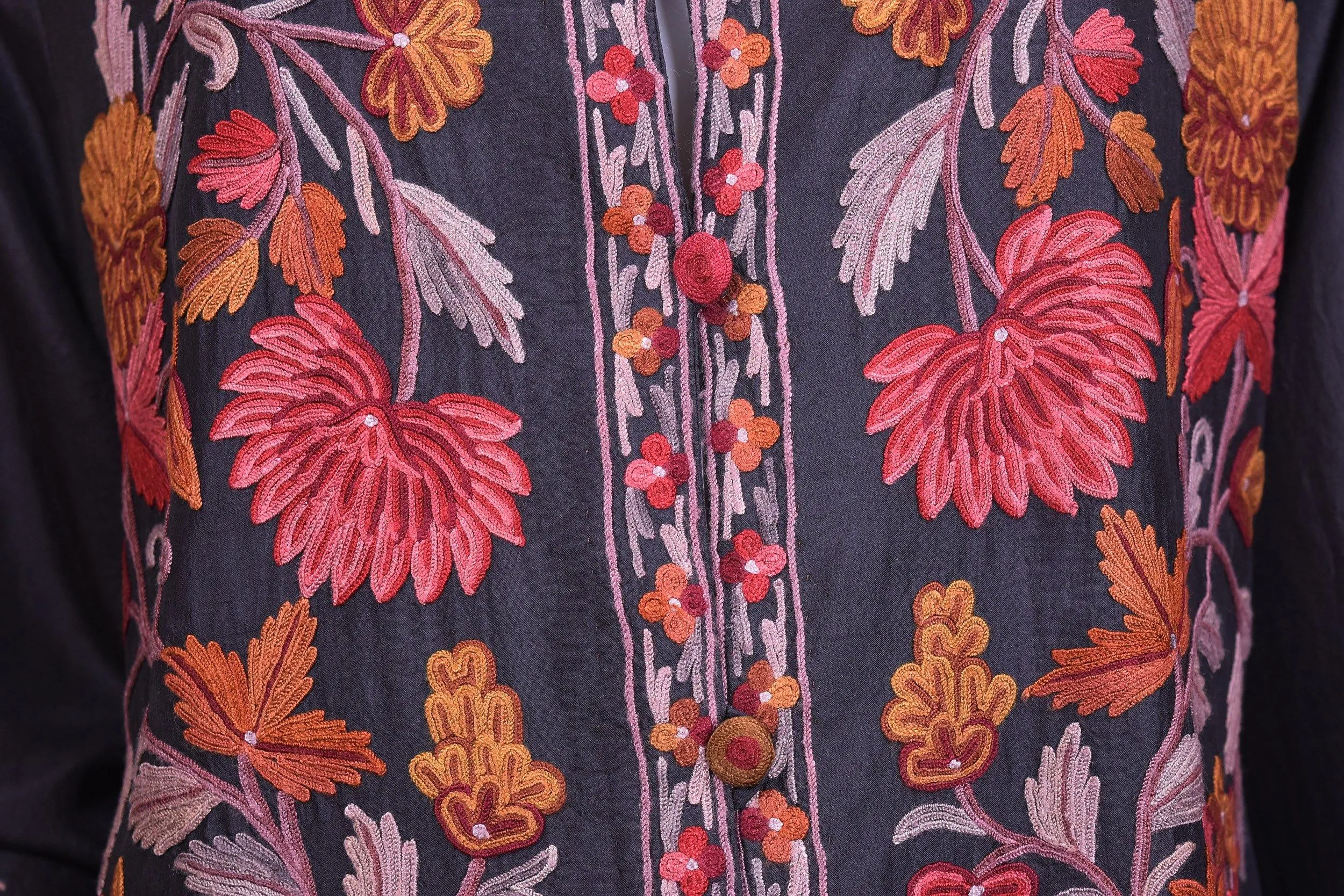 Vesta Black Silk Dinner Jacket Evening Dress Coat Floral Hand Embroidered Kashmir