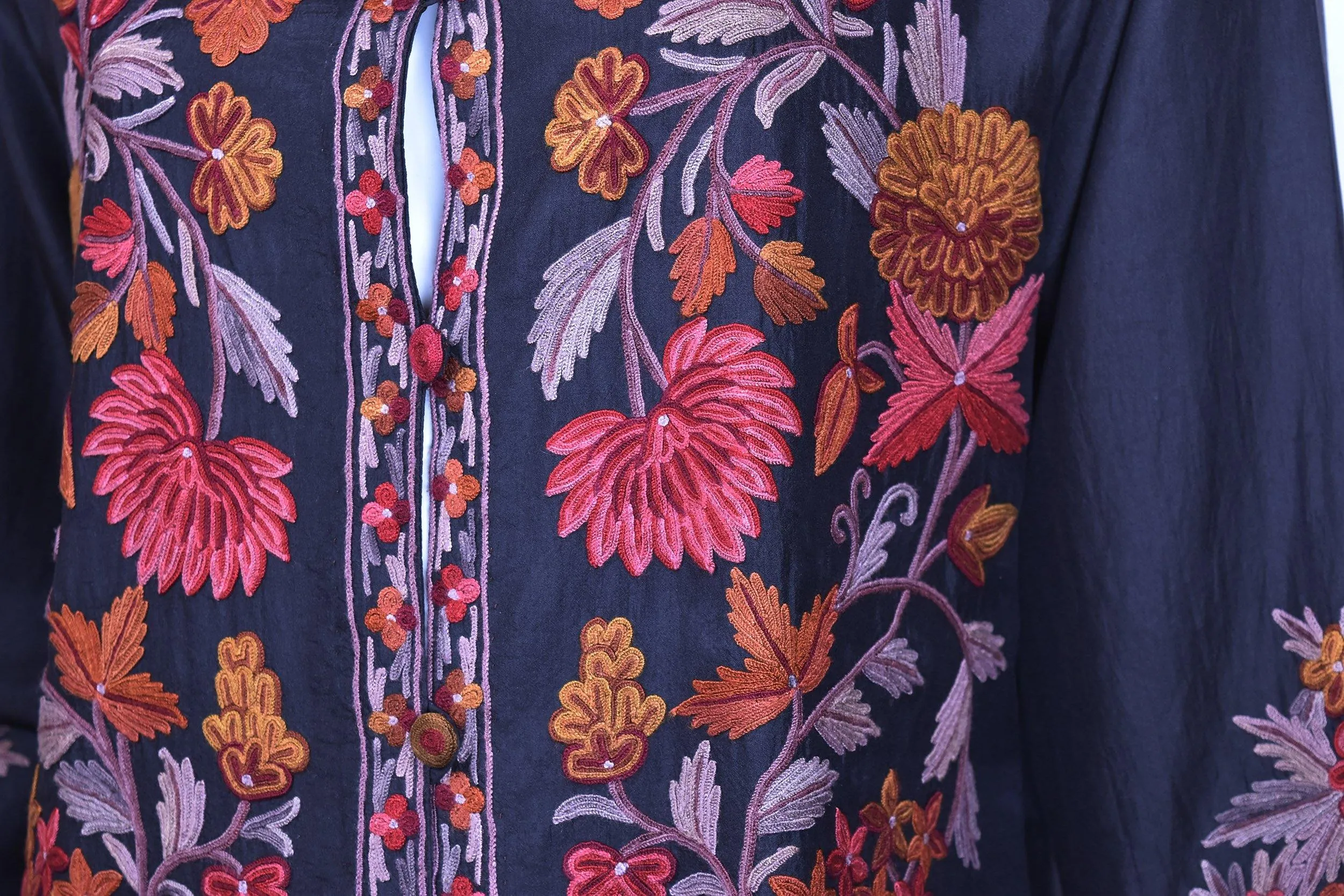 Vesta Black Silk Dinner Jacket Evening Dress Coat Floral Hand Embroidered Kashmir