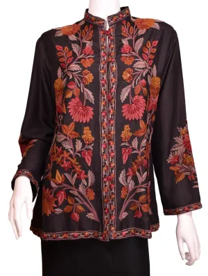 Vesta Black Silk Dinner Jacket Evening Dress Coat Floral Hand Embroidered Kashmir