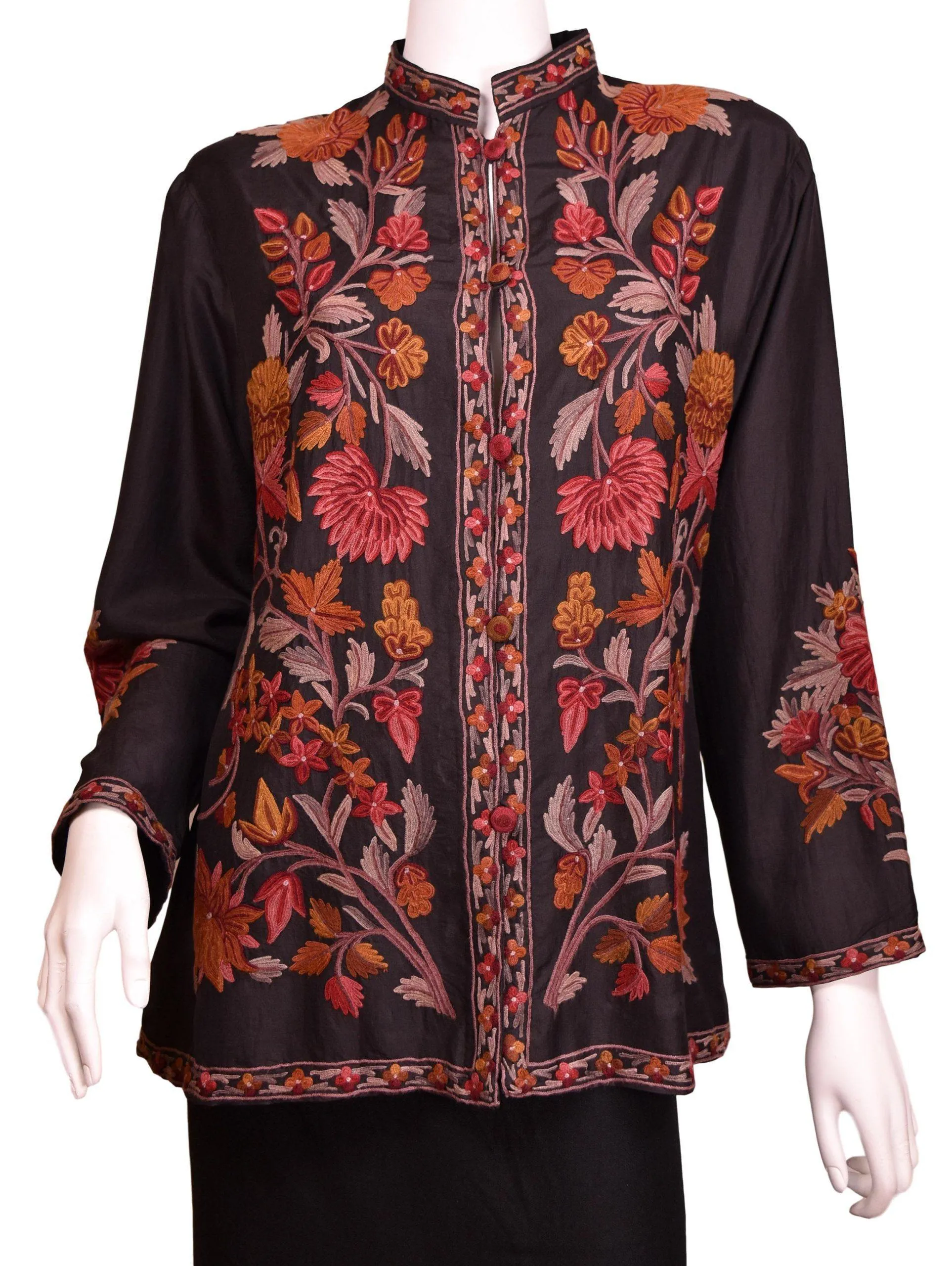 Vesta Black Silk Dinner Jacket Evening Dress Coat Floral Hand Embroidered Kashmir