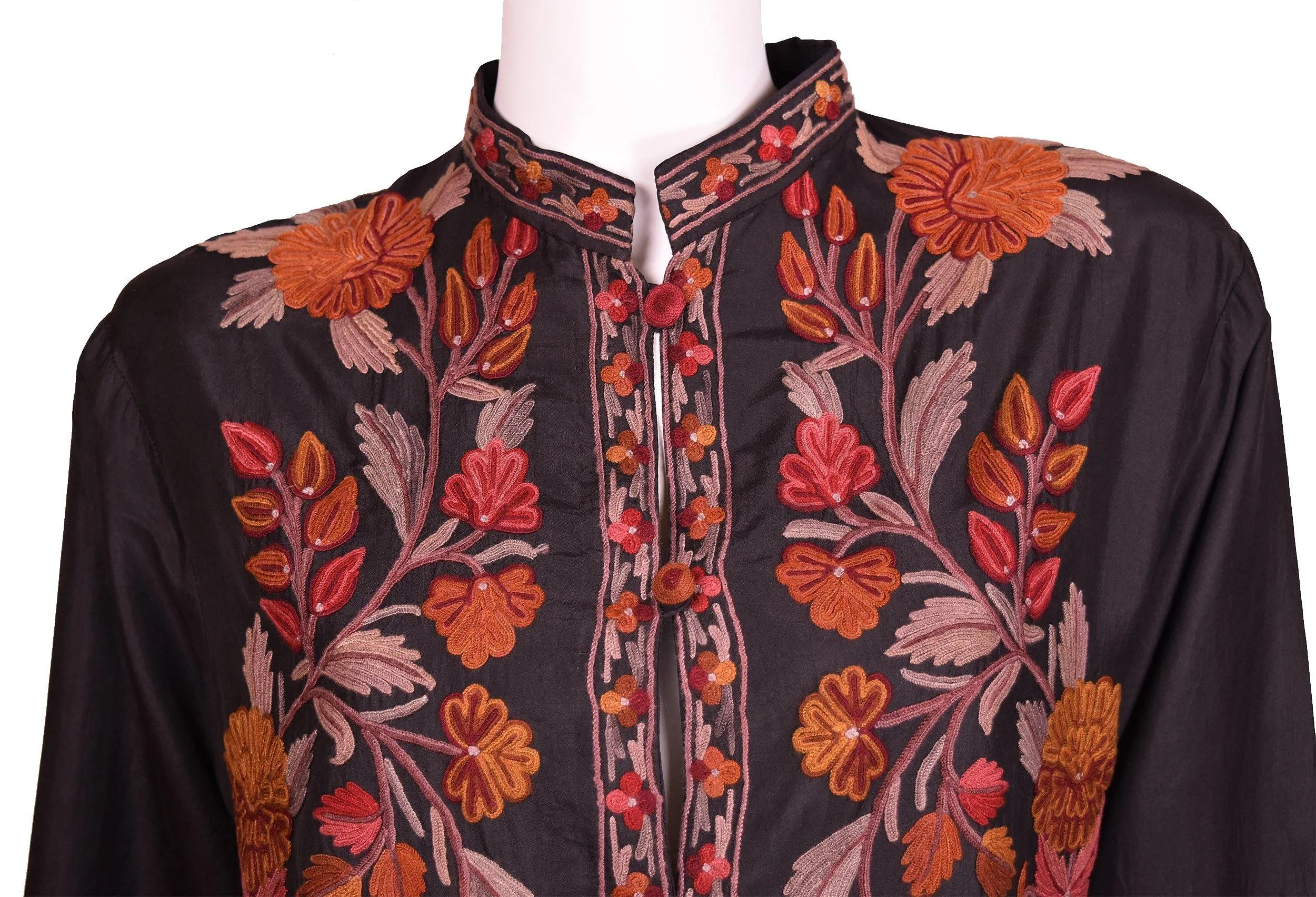 Vesta Black Silk Dinner Jacket Evening Dress Coat Floral Hand Embroidered Kashmir
