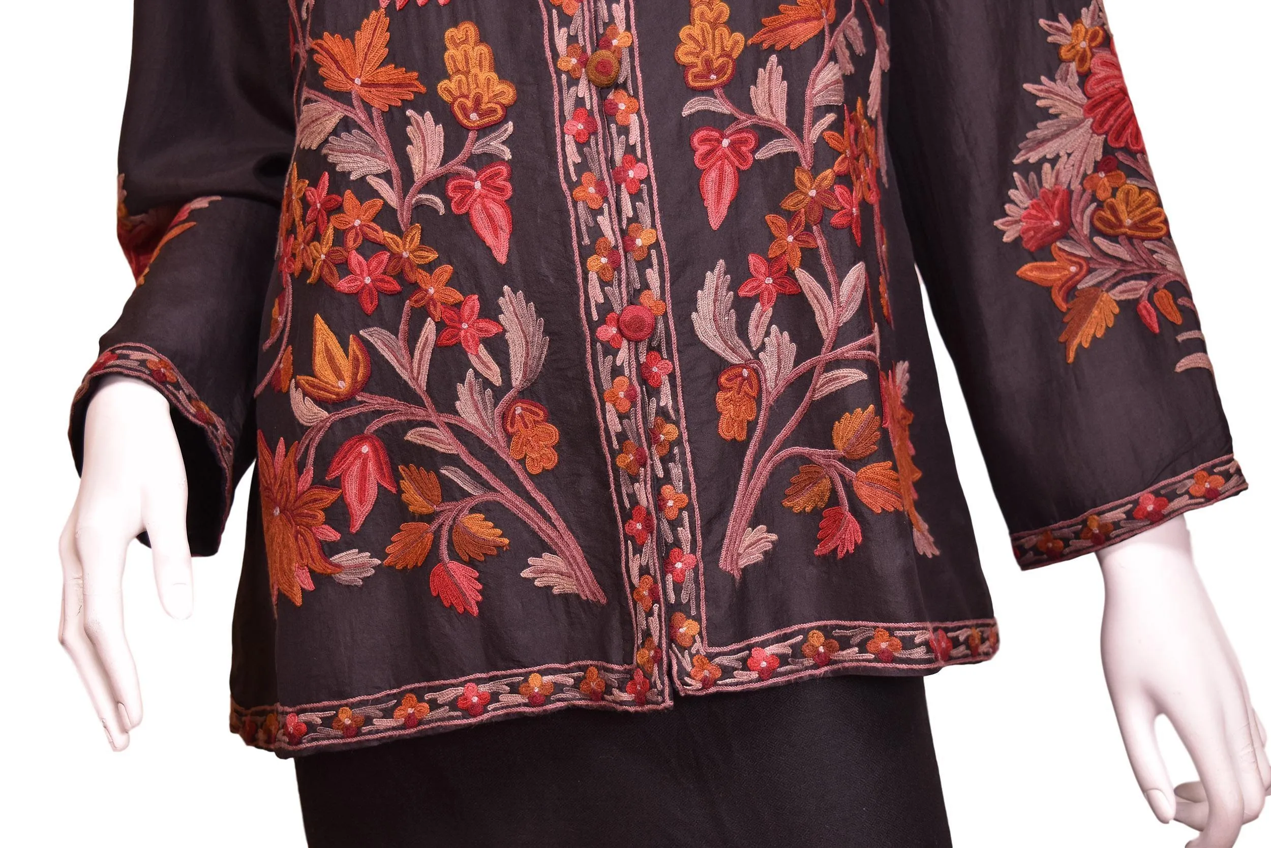 Vesta Black Silk Dinner Jacket Evening Dress Coat Floral Hand Embroidered Kashmir