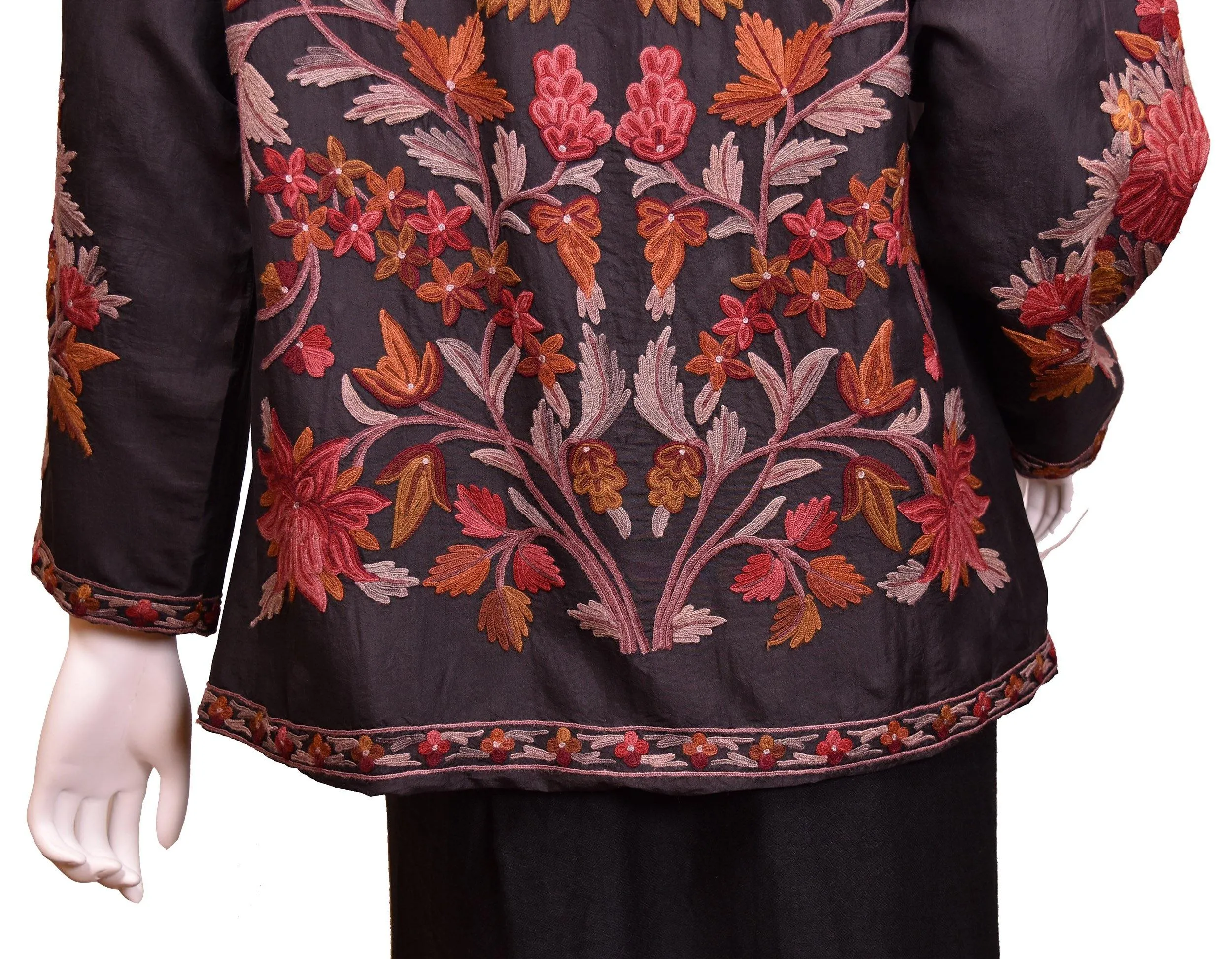 Vesta Black Silk Dinner Jacket Evening Dress Coat Floral Hand Embroidered Kashmir