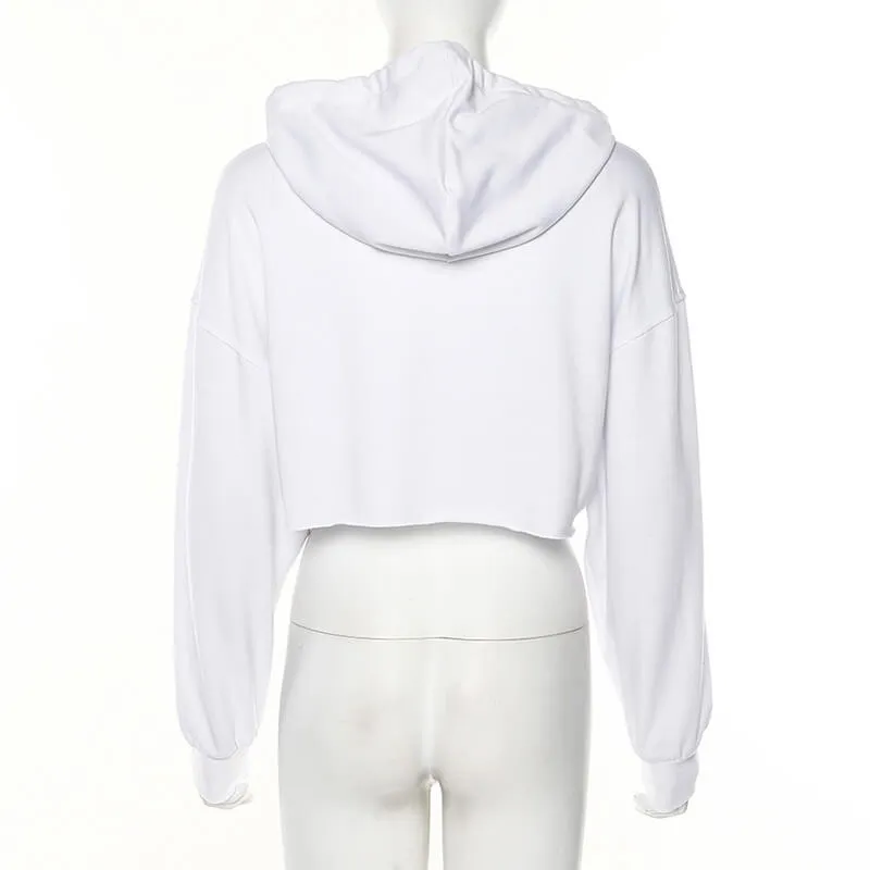 White Drawstring Letter Print Cropped Hoodie