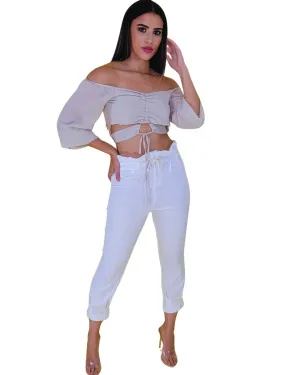 White Linen-Look Capri Pants with Front Tie
