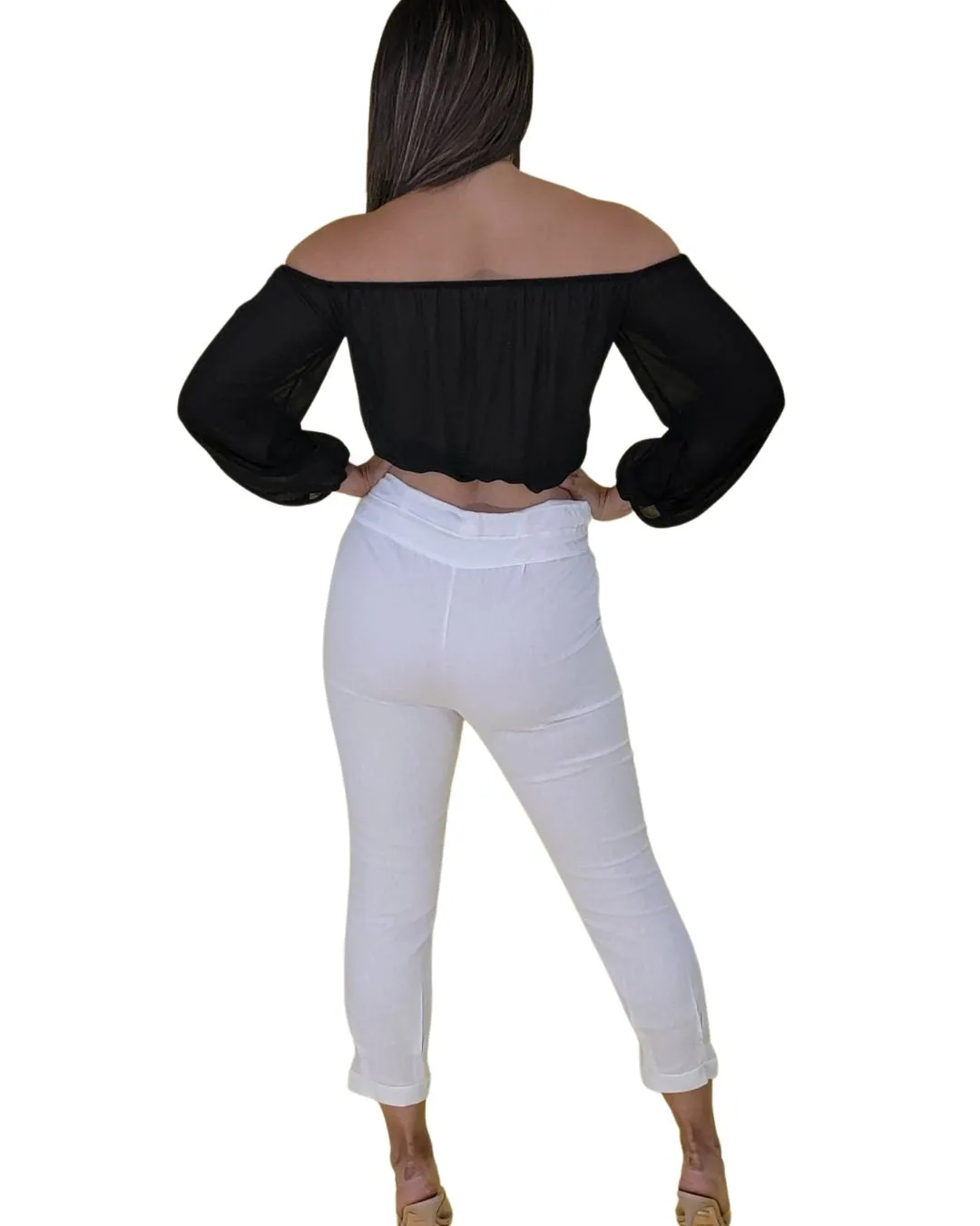 White Linen-Look Capri Pants with Front Tie