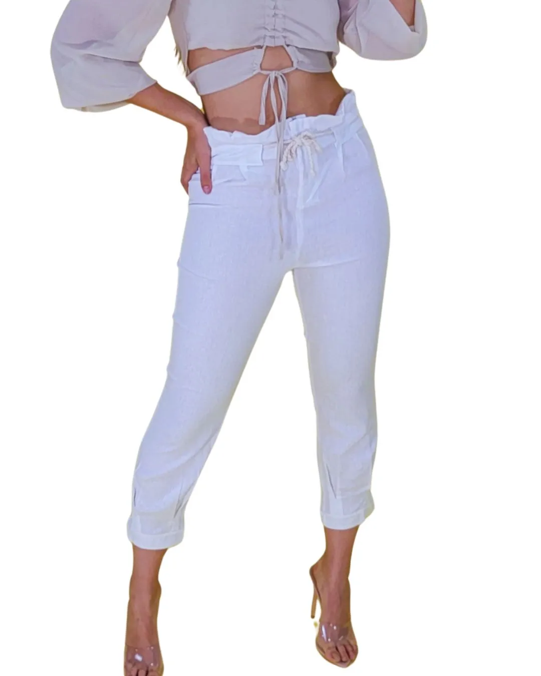 White Linen-Look Capri Pants with Front Tie