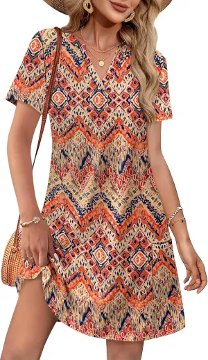 WIHOLL Dresses for Women 2025 Casual Summer V Neck Wedding Guest Dress Short Sleeve Fashion Beach Vacation Clothes