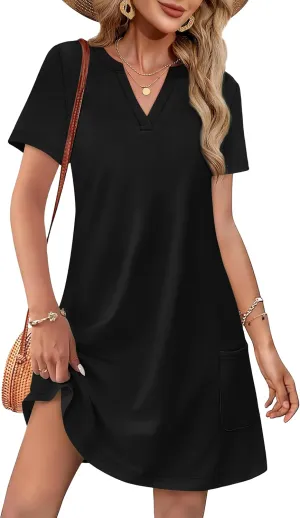 WIHOLL Dresses for Women 2025 Casual Summer V Neck Wedding Guest Dress Short Sleeve Fashion Beach Vacation Clothes