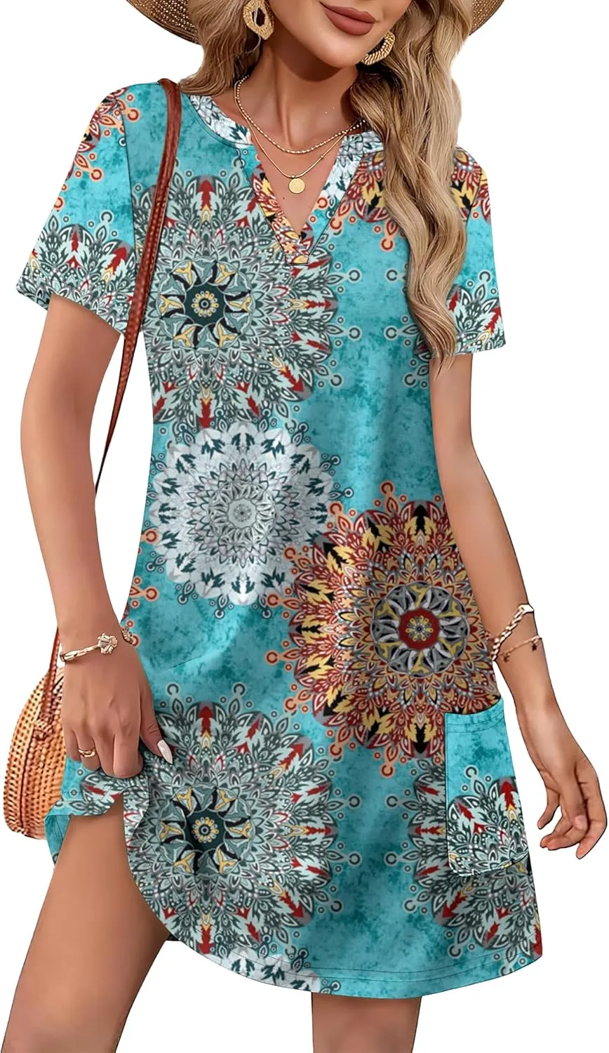 WIHOLL Dresses for Women 2025 Casual Summer V Neck Wedding Guest Dress Short Sleeve Fashion Beach Vacation Clothes