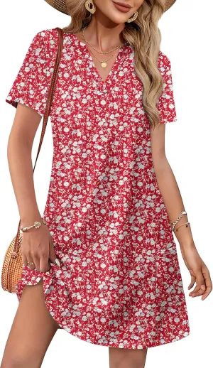 WIHOLL Dresses for Women 2025 Casual Summer V Neck Wedding Guest Dress Short Sleeve Fashion Beach Vacation Clothes
