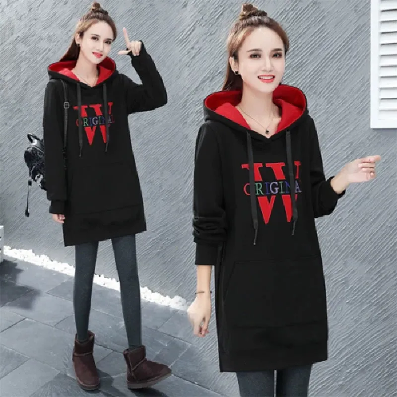 Winter Pullover Drawstring Letter Print Dress Hoodie