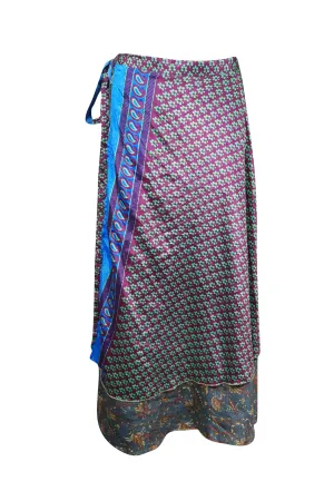 Women Boho Wrapskirt Blue Green Floral Print Silk Wrap Skirt Gift One size