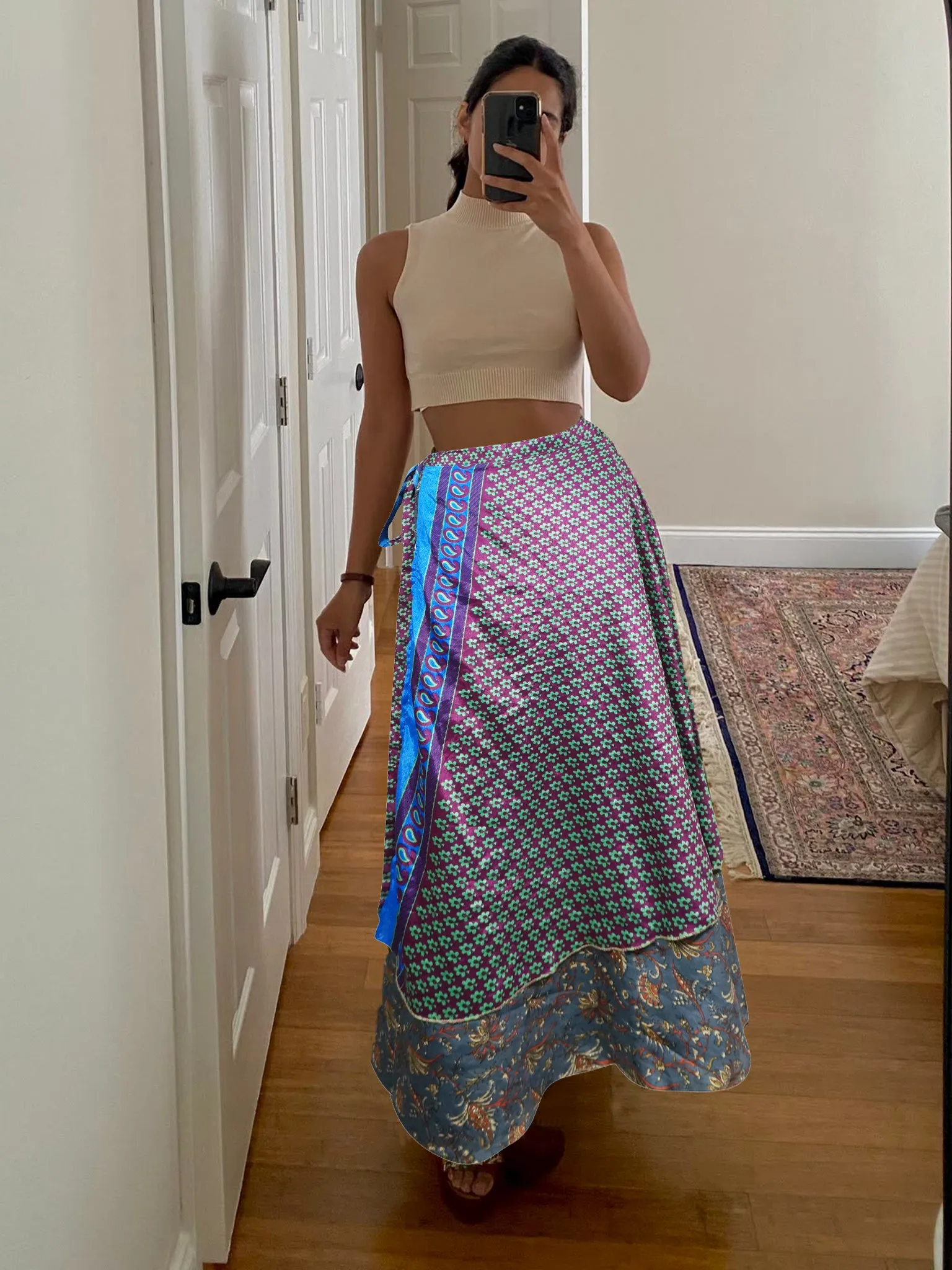 Women Boho Wrapskirt Blue Green Floral Print Silk Wrap Skirt Gift One size