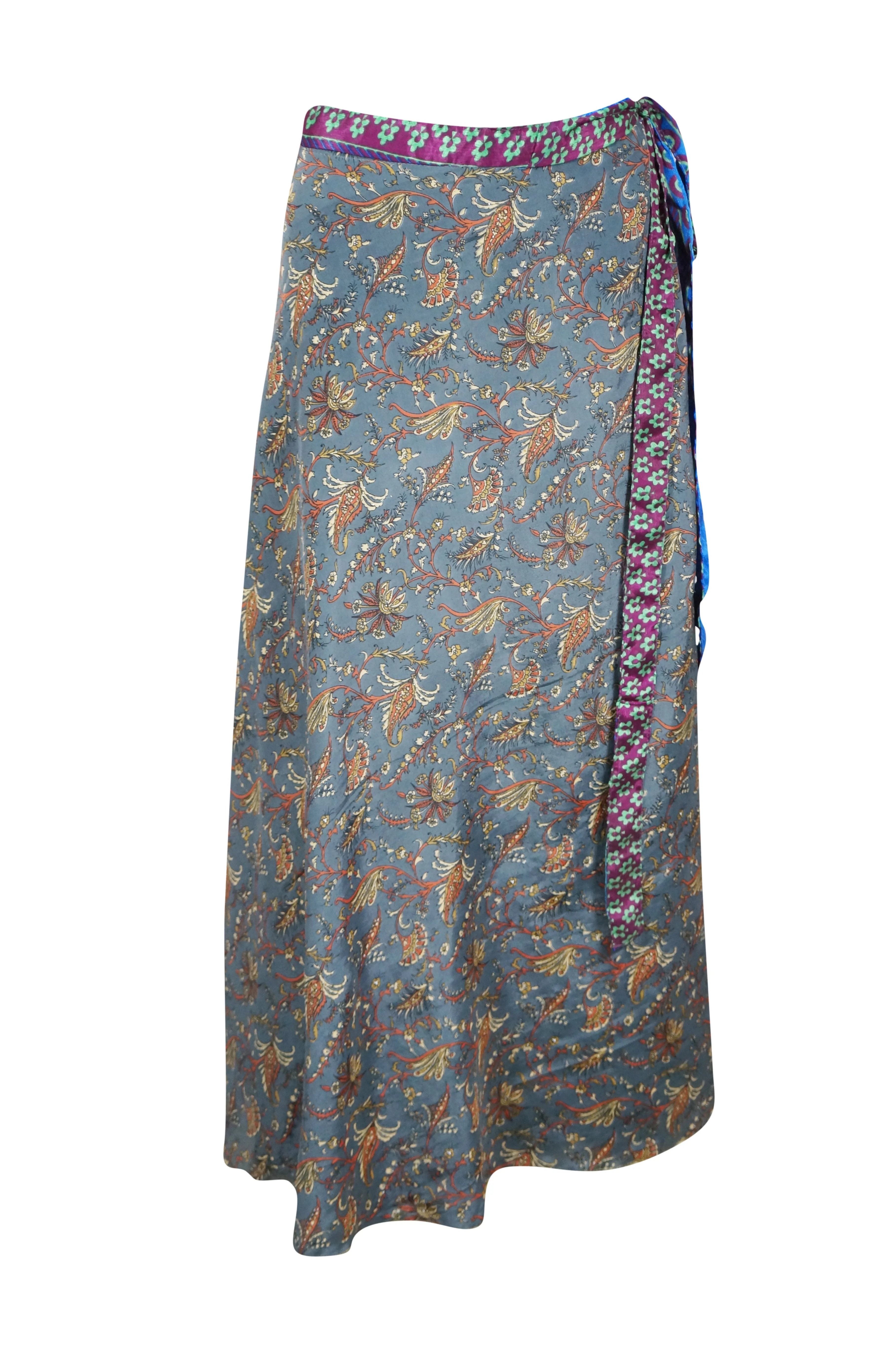 Women Boho Wrapskirt Blue Green Floral Print Silk Wrap Skirt Gift One size
