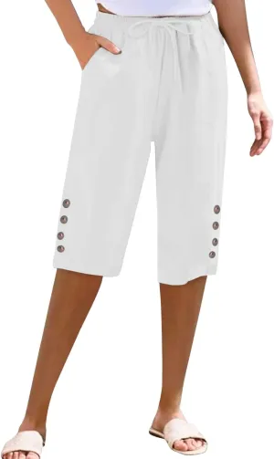 Women Capri Pants Summer Linen Striped Elastic Waisted Shorts Knee Length Casual Loose Petite Lounge Beach Pant