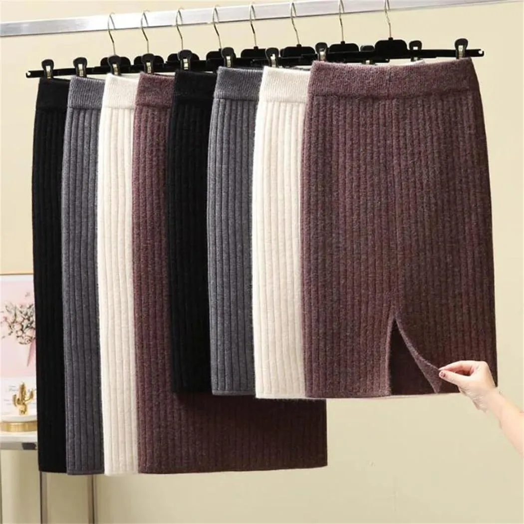 Women Elastic Skirt Autumn Winter Split Sexy Warm Knitted Pencil Skirts Ladies High Waist Party Elegant Long Skirt