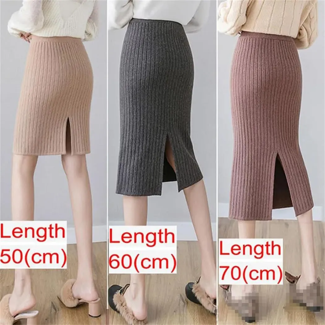 Women Elastic Skirt Autumn Winter Split Sexy Warm Knitted Pencil Skirts Ladies High Waist Party Elegant Long Skirt