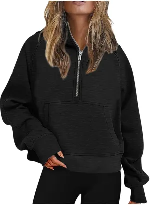 Women Half Zip Hoodies Pullover Long Sleeve Solid Corded Sweatshirt Oversized Casual Trendy Fall Outfit with Kangaroo Pocket