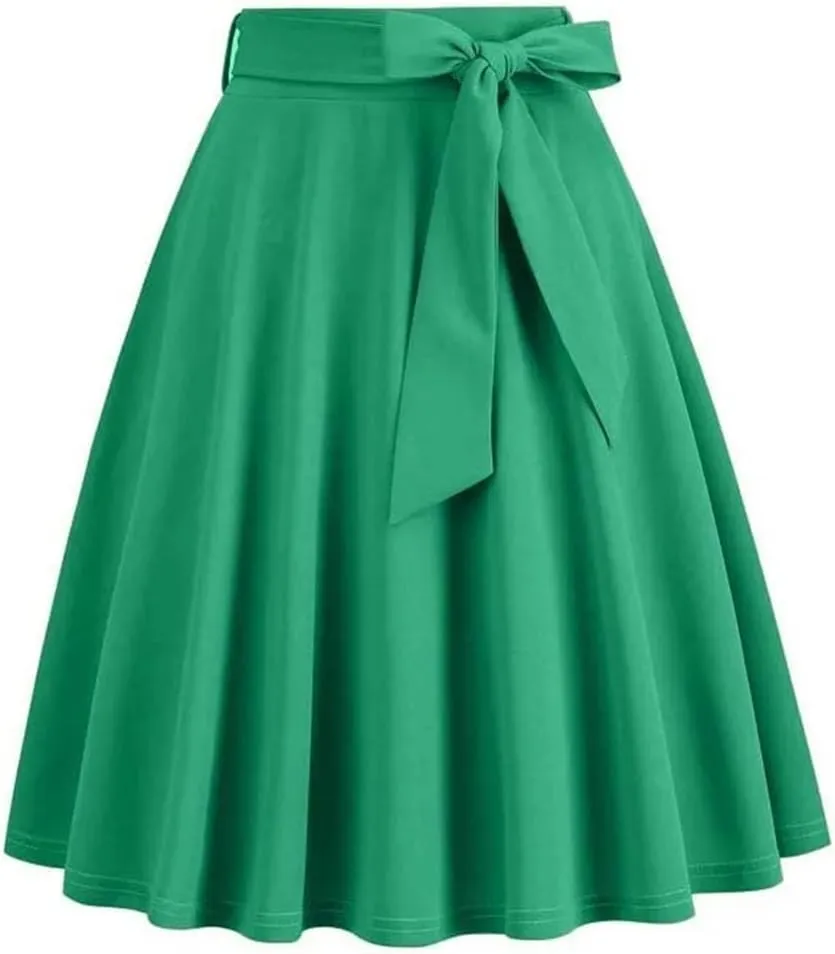 Women High Waist A Line Skater Skirt 50s Swing Elegant Skirts Solid Color Midi Pleated Skirt