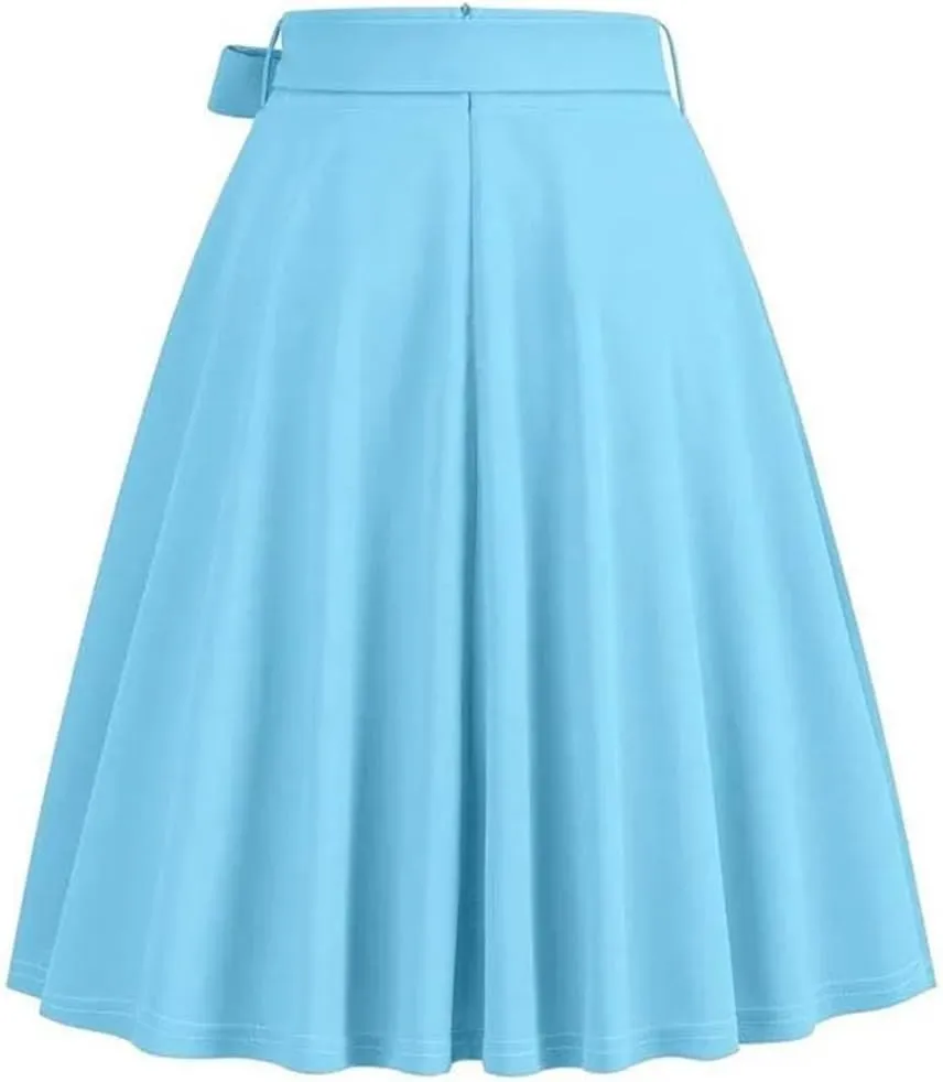 Women High Waist A Line Skater Skirt 50s Swing Elegant Skirts Solid Color Midi Pleated Skirt