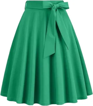 Women High Waist A Line Skater Skirt 50s Swing Elegant Skirts Solid Color Midi Pleated Skirt