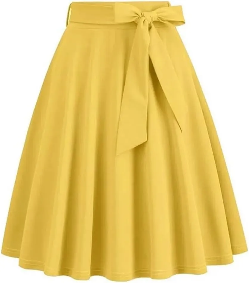 Women High Waist A Line Skater Skirt 50s Swing Elegant Skirts Solid Color Midi Pleated Skirt