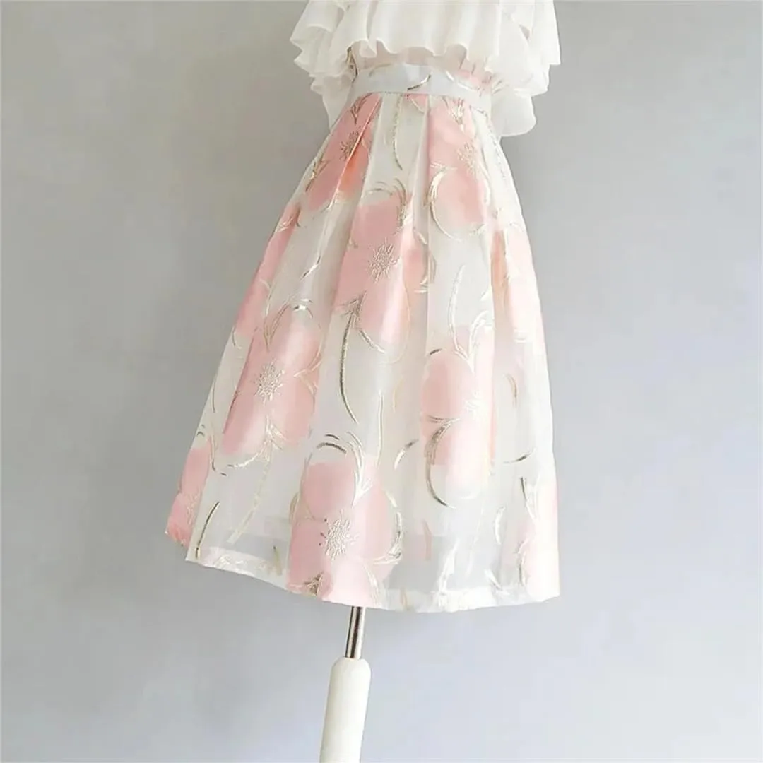 Women High Waist Jacquard Pleated Skirt A-Line Midi Skirts Vintage Elegant Party Skirts